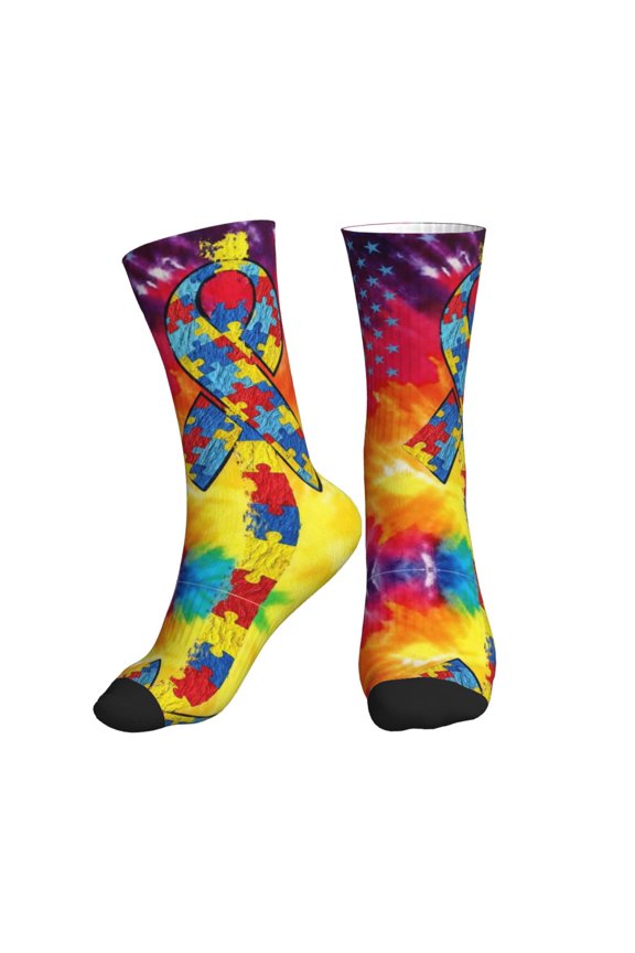 Women's Men's Autism Awareness Puzzle Flag Colorful Novelty Pattern Crew Athletic Socks