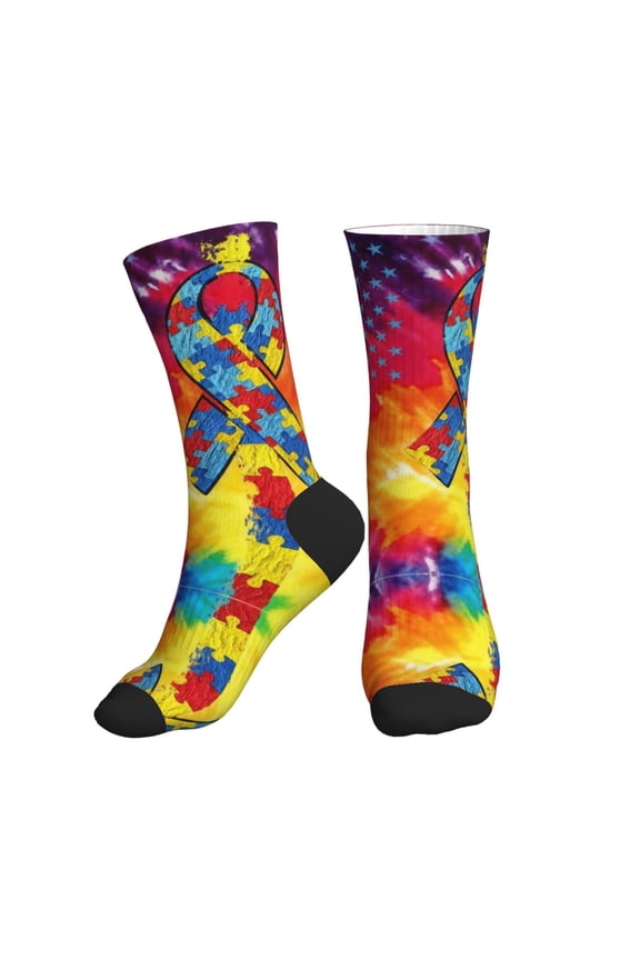 Women's Men's Autism Awareness Puzzle Flag Colorful Novelty Pattern Crew Athletic Socks