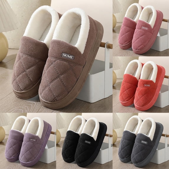 Women's Men's Corduroy House Slippers Memory Foam Fuzzy Slip on Winter Warm Close Back Fluffy Bedroom Shoes