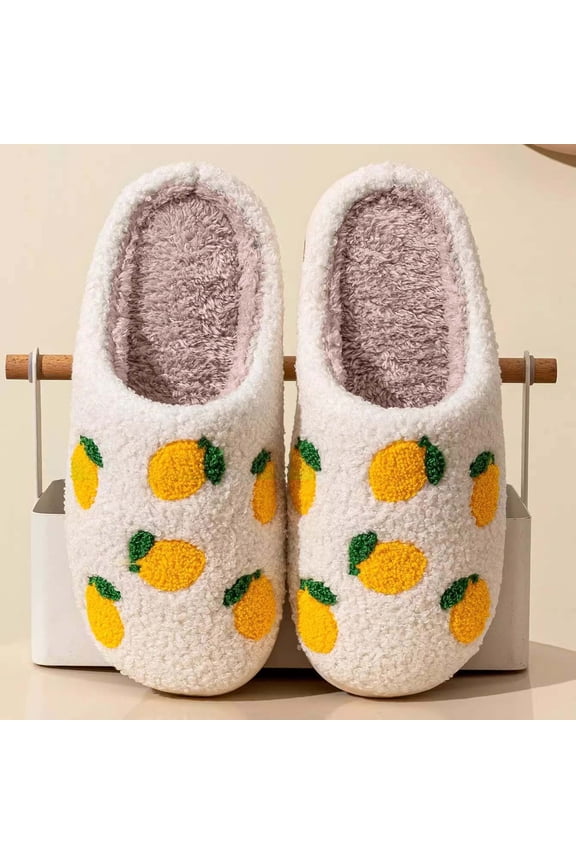 Women's Men's Cute Fuzzy Fruit Slippers Memory Foam Fluffy Couple Slippers Unisex Indoor Shoes (White 7)