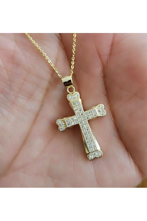 Women's Men's Diamond Cross Pendant Necklace with Chain 14K Yellow Gold over