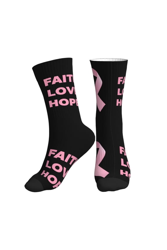 Women's Men's Faith Love Hope Breast Cancer Ribbon Colorful Novelty Pattern Crew Athletic Socks