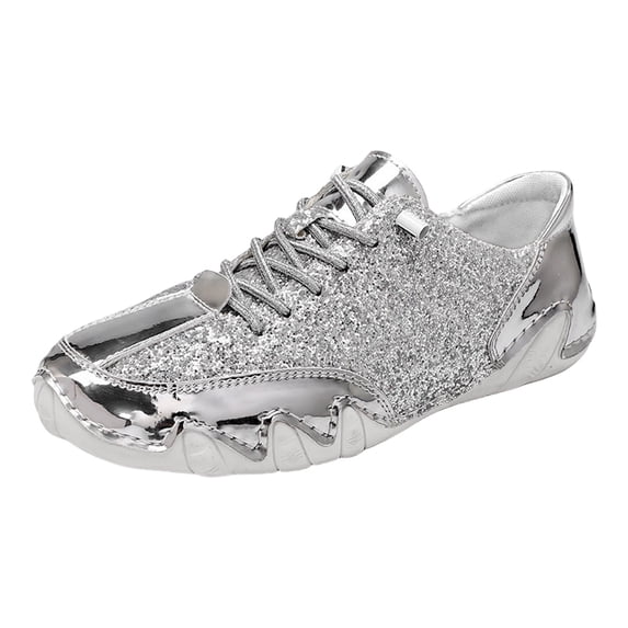 Women's Men's Glitter Sparkly Lace Up Sneakers Wide Width Non Slip Sequin Flat Walking Dressy Shoes