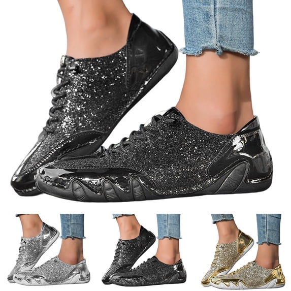 Women's Men's Glitter Sparkly Lace Up Sneakers Wide Width Non Slip Sequin Flat Walking Dressy Shoes