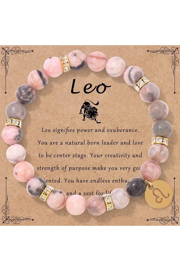 Women's Men's Horoscope Bracelet 12 Zodiac Sign Libra Pink Zebra Stone Bead Charm Bracelet Birthday Zodiac Crystal Beaded Stretch Bracelet Astrology Spiritual Inspirational Jewelry Gift