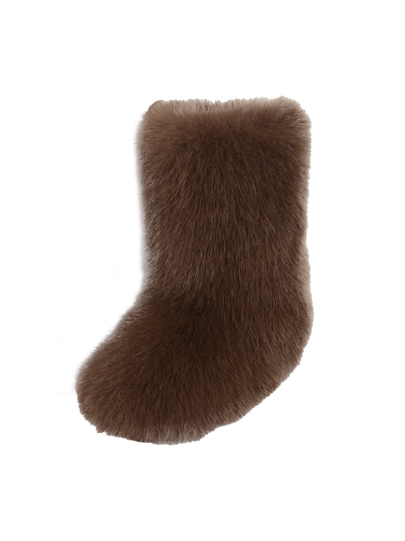 Women's Men's Mid Calf Fuzzy Boots Fluffy Round Toe Snow Booties Comfortable Plush Warm Outdoor Indoor Flat Shoes Brown Size 11
