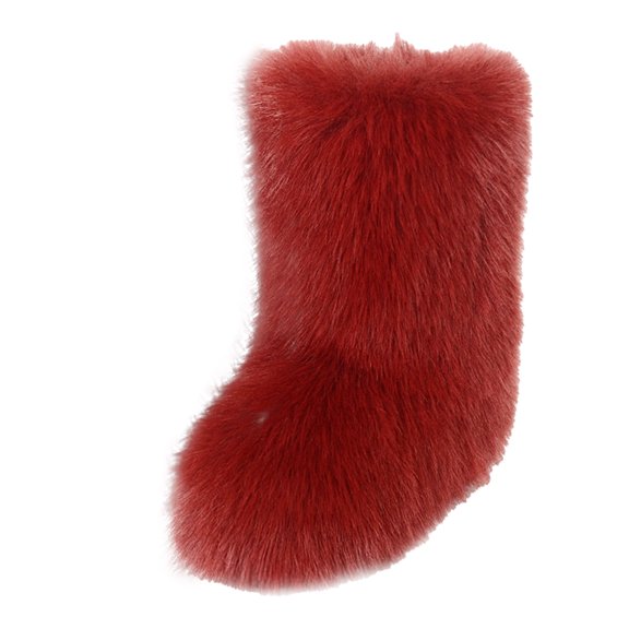 Women's Men's Mid Calf Fuzzy Boots Fluffy Round Toe Snow Booties Comfortable Plush Warm Outdoor Indoor Flat Shoes Red Size 7.5