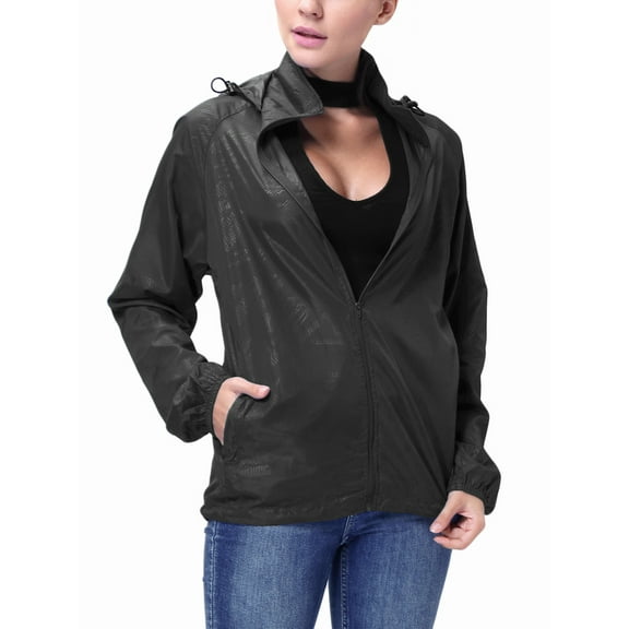 Women's Men's Packable Rain Jacket Outdoor Waterproof Hooded Lightweight Windbreaker Jacket Classic Raincoat Sun Protection Windbreaker Jacket, Black up to size 2xl