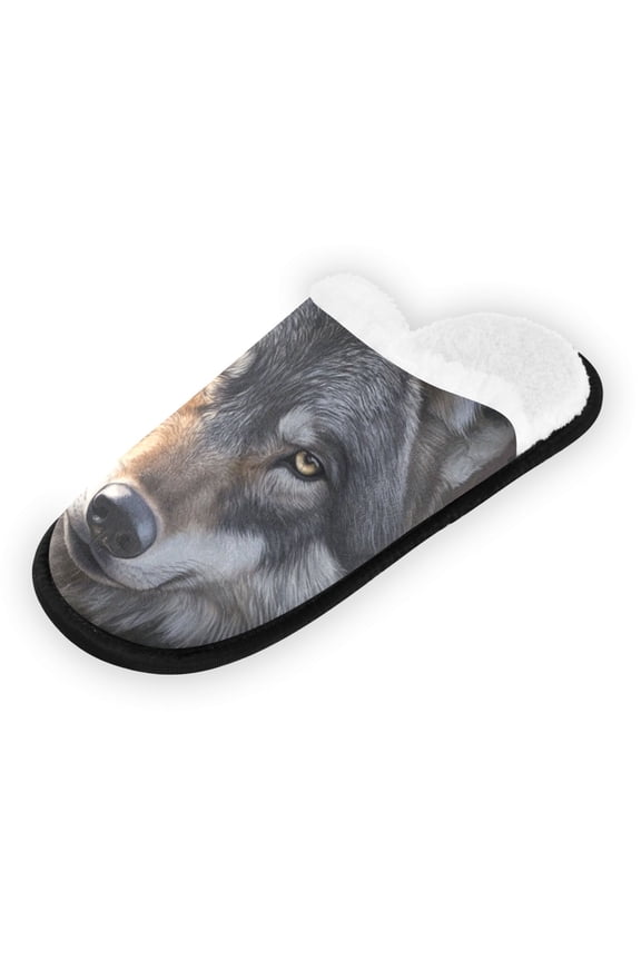 Women's Men's Slippers, Non-Slip Travel Unisex Fleece House Shoes A Big Wolf