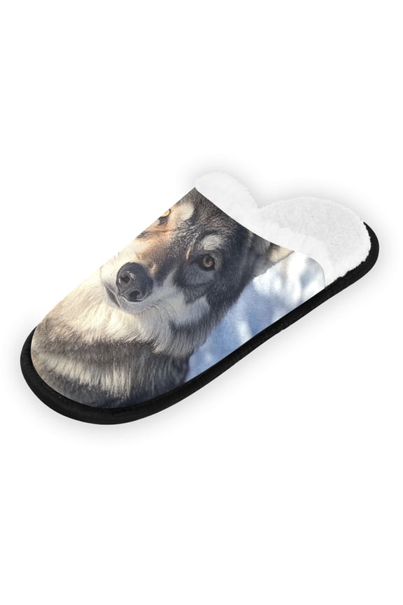 Women's Men's Slippers, Non-Slip Travel Unisex Fleece House Shoes A Black Gray Wolf
