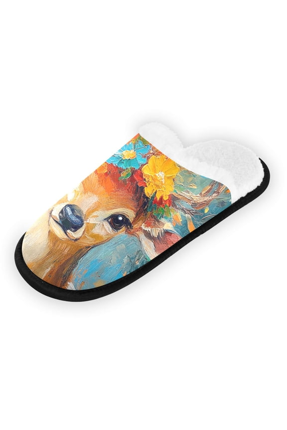 Women's Men's Slippers, Non-Slip Travel Unisex Fleece House Shoes A Cute Deer