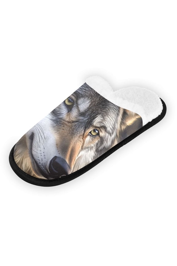 Women's Men's Slippers, Non-Slip Travel Unisex Fleece House Shoes Big Wolf