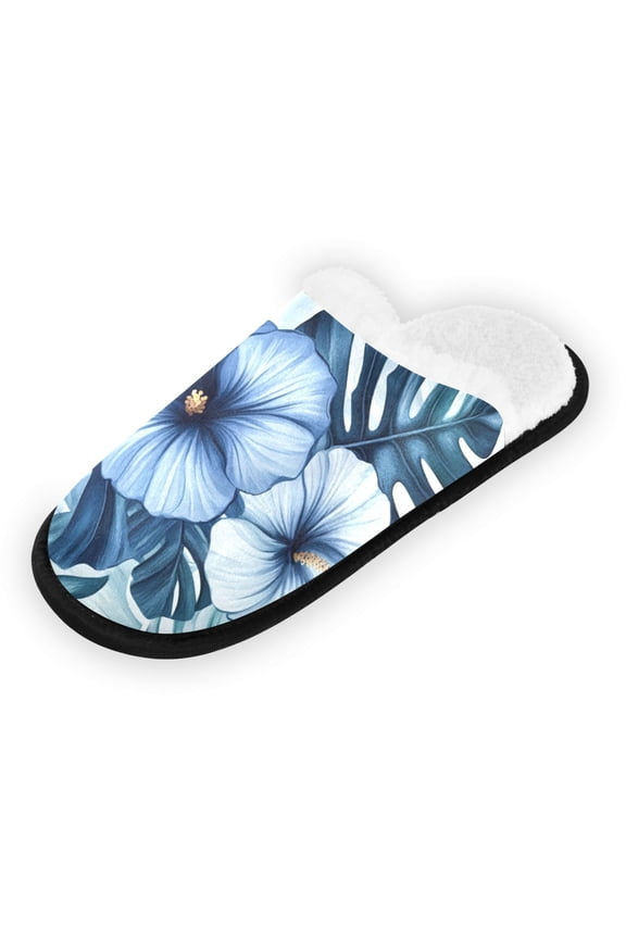 Women's Men's Slippers, Non-Slip Travel Unisex Fleece House Shoes Blue Pattern