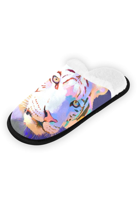 Women's Men's Slippers, Non-Slip Travel Unisex Fleece House Shoes Glowing Wolf