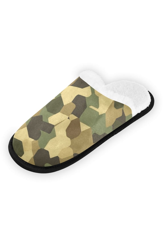 Women's Men's Slippers, Non-Slip Travel Unisex Fleece House Shoes Green Camoufl