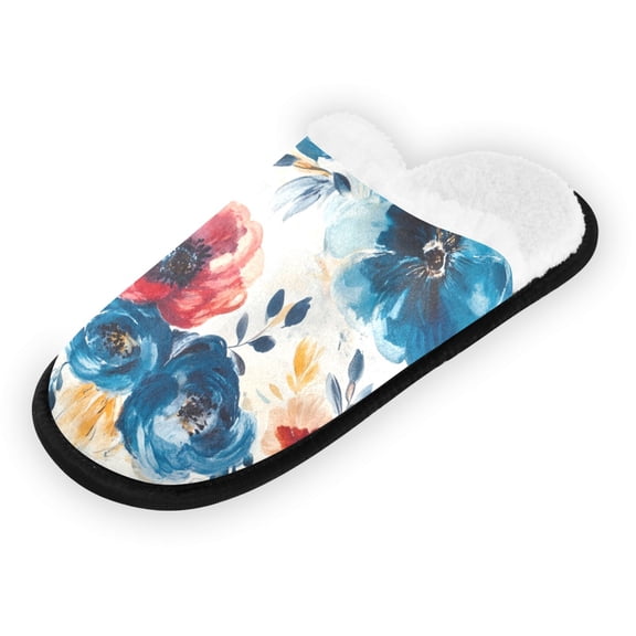 Women's Men's Slippers, Non-Slip Travel Unisex Fleece House Shoes Many Ink Wash Flower