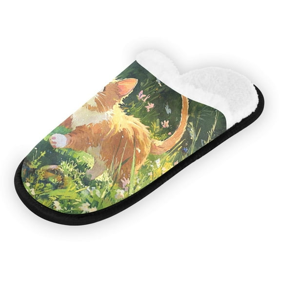 Women's Men's Slippers, Non-Slip Travel Unisex Fleece House Shoes Oil Painting Cat