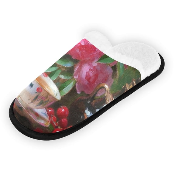 Women's Men's Slippers, Non-Slip Travel Unisex Fleece House Shoes Oil Painting Flowers and Cups