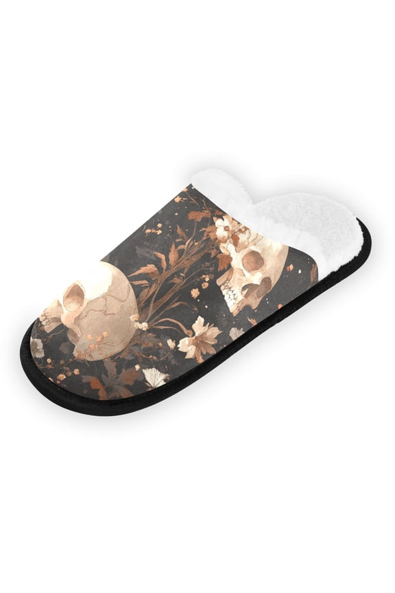Women's Men's Slippers, Non-Slip Travel Unisex Fleece House Shoes Pattern Of Skulls