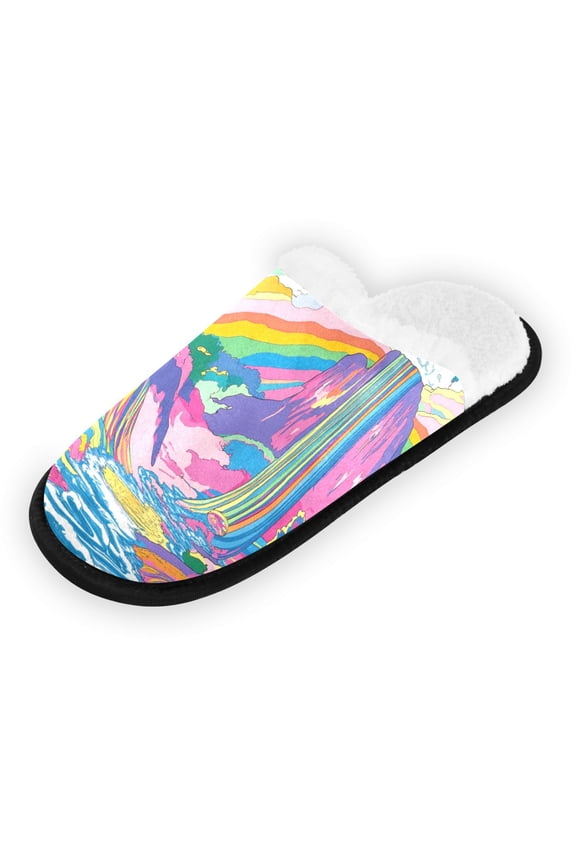 Women's Men's Slippers, Non-Slip Travel Unisex Fleece House Shoes Psychedelic Waterfall Trippy