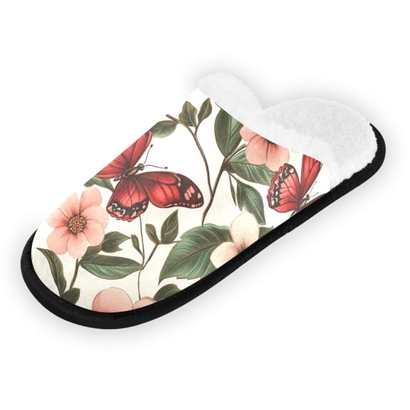 Women's Men's Slippers, Non-Slip Travel Unisex Fleece House Shoes Red Butterfly