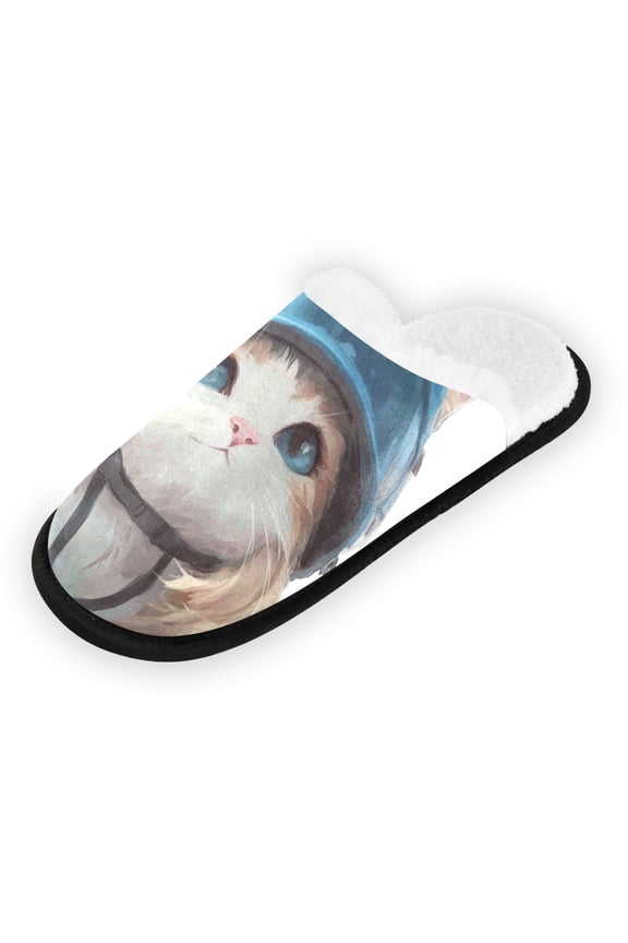 Women's Men's Slippers, Non-Slip Travel Unisex Fleece House Shoes The Little Cat Wearing Hat