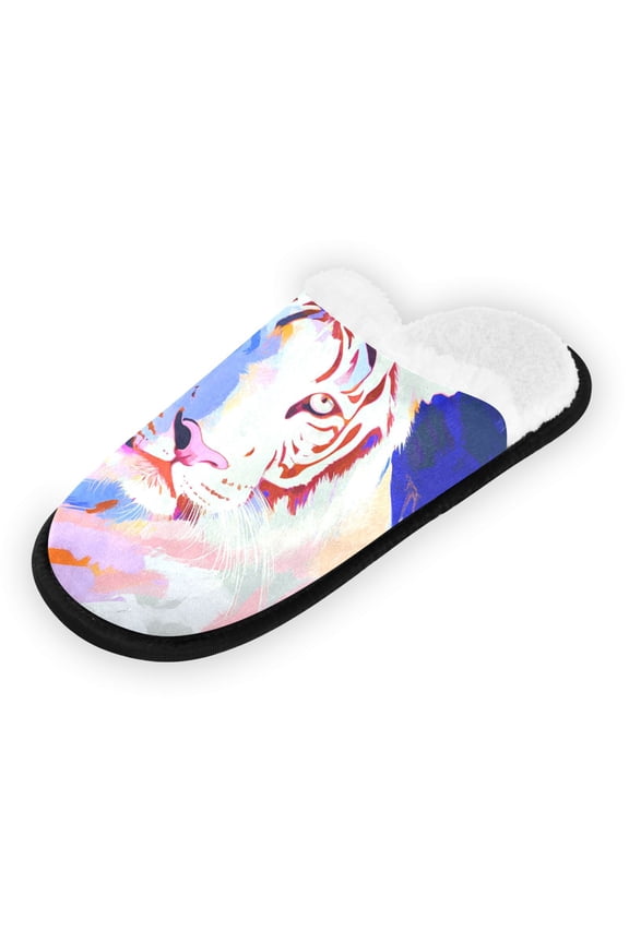Women's Men's Slippers, Non-Slip Travel Unisex Fleece House Shoes The Wolf in Oil Painting