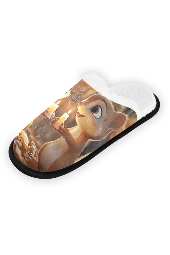 Women's Men's Slippers, Non-Slip Travel Unisex Fleece House Shoes Two Cute Squirrels