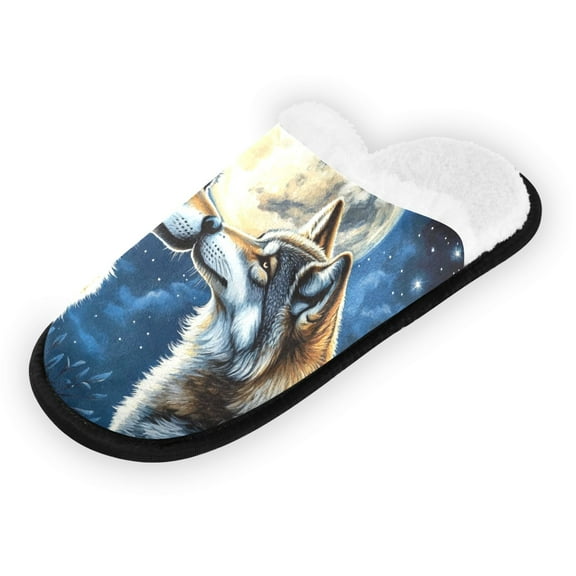 Women's Men's Slippers, Non-Slip Travel Unisex Fleece House Shoes Two Wolves under The Moon