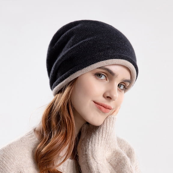 Women's & Men's Slouchy Knit Beanie, Fleece Lined Winter Hat with Detachable Pom Pom, Brass Buckle Ski Cap, Warm Elastic Hat for Cold Weather Black