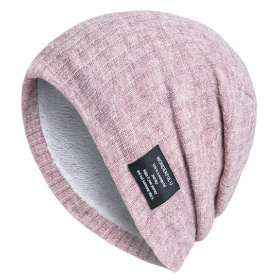 Women's & Men's Slouchy Knit Beanie, Fleece Lined Winter Hat with Detachable Pom Pom, Brass Buckle Ski Cap, Warm Elastic Hat for Cold Weather Pink