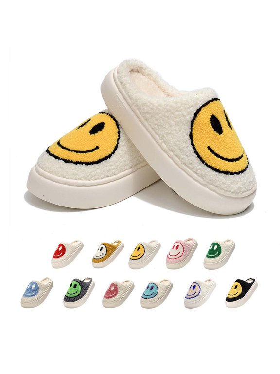 Women's Men's Smile Face Thick Sole Slippers Retro Comfy Warm Soft Fuzzy Plush Slip-On House Shoes Funny Home Winter Warm Pillow Cloud Memory Foam Fluffy Platform Slipper for Indoor & Outdoor