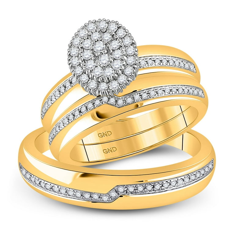 Women s Men s Solid 10kt Yellow Gold His Hers Round Diamond Cluster Couples Matching Wedding Ring Set 1 2 Cttw Ring Size 6.5