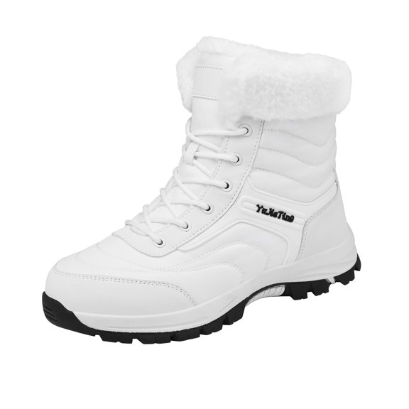 Women's Mens Winter Snow Boots Faux Furry Lined Waterproof Mid Calf Booties Comfortable Non Slip Hiking Ankle Boots White Size 11
