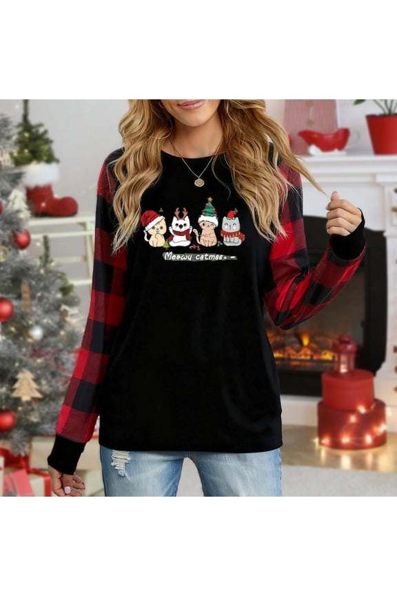 Women's "Meowy Catmas" Plaid Long Sleeve Top, Festive Cat Graphic Sweatshirt For Women
