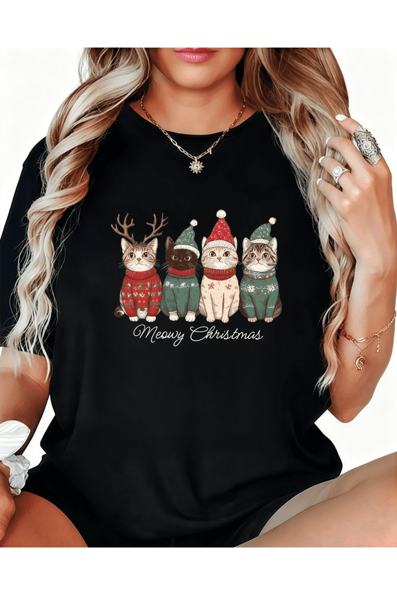 Women's Cat Graphic Tee T-Shirt Top Meowy Christmas Cat Print Cotton Short Sleeve Round Neck Black S-5XL