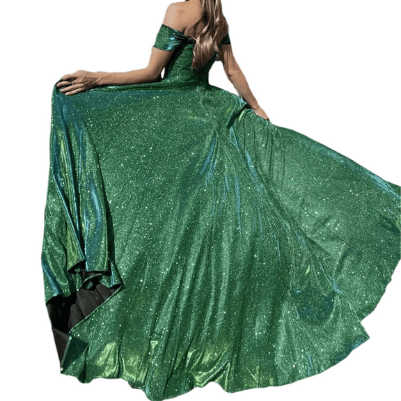Women's Mermaid Sequins Prom Dresses Long Off The Shoulder Evening Party Gowns Pageant Dress with Slit-Green-L