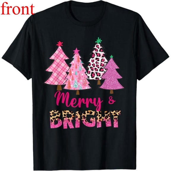 Women's Merry Bright Christmas Graphic Comfortable T Shirt Short Sleeve Round Neck Top Black S-5XL
