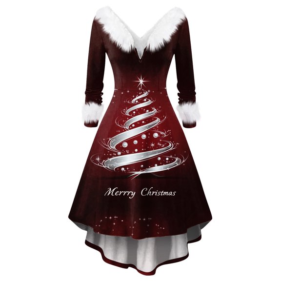 Women's Merry Christmas AI Printed Fuzzy Trim Dress - V-neck Casual Slim Long Sleeve Party Wear, Burgundy, S