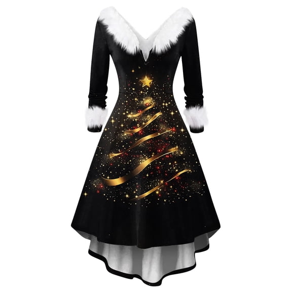 Women's Merry Christmas AI Printed Fuzzy Trim Dress - V-neck Casual Slim Long Sleeve Party Wear, Dark Gray, XXXL