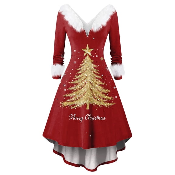 Women's Merry Christmas AI Printed Fuzzy Trim Dress - V-neck Casual Slim Long Sleeve Party Wear, Gold, S