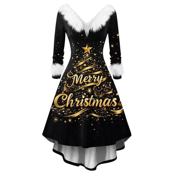 Women's Merry Christmas AI Printed Fuzzy Trim Dress - V-neck Casual Slim Long Sleeve Party Wear, Gold, XXXL