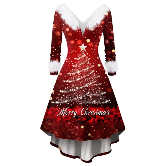Women's Merry Christmas AI Printed Fuzzy Trim Dress - V-neck Casual Slim Long Sleeve Party Wear, Red, M