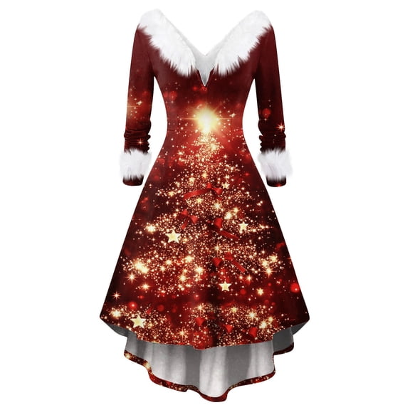 Women's Merry Christmas AI Printed Fuzzy Trim Dress - V-neck Casual Slim Long Sleeve Party Wear, Watermelon Red, S