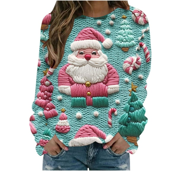 Women’s Merry Christmas Crewneck Sweatshirt Funny Xmas Tree Graphic Long Sleeve Pullover Holiday Party Top Festive Dressy Casual Blouse,Light Blue,L