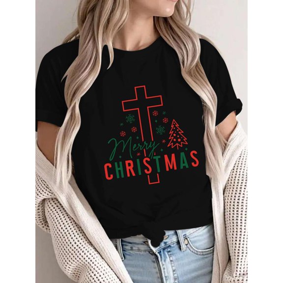 Women's "Merry Christmas Cross" Graphic Comfortable T Shirt Casual Cotton Short Sleeve Round Neck Top Black S-5XL