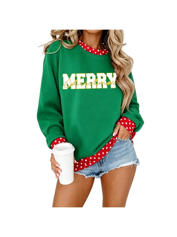 Women's Merry Christmas Gold Print Sweatshirt Polka Dot Trim Crew Neck Pullover