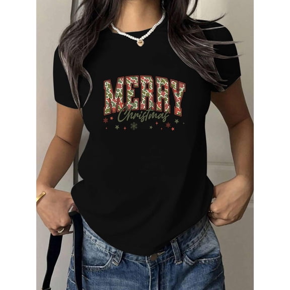 Women's Merry Christmas Graphic Breathable T Shirt Cotton Short Sleeve Round Neck Top Black S-5XL