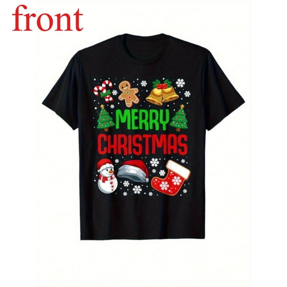 Women's Merry Christmas Graphic Cotton T Shirt Casual Breathable Short Sleeve Round Neck Top Black S-5XL
