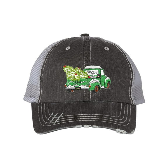 Women's Merry Christmas Holiday Distressed Trucker Hat, Green Truck Carrying a Christmas Tree, Black